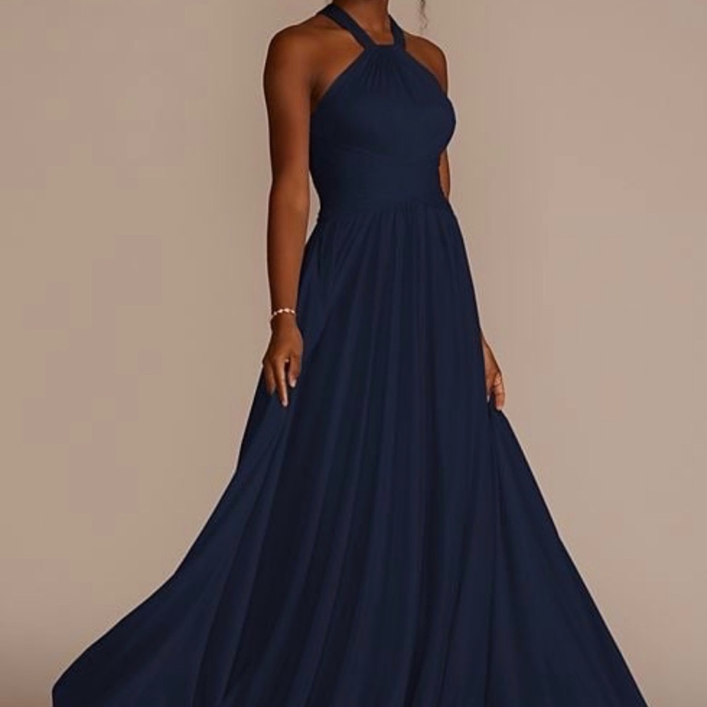 Women’s David’s bridal size 6 long mesh halter top gown dress prom Navy Blue NWT